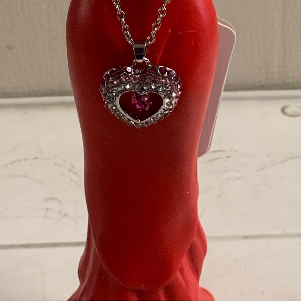 Silver Toned Pink Gemmed Heart Pendant Necklace with Faux Diamond Accents